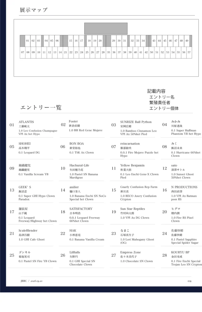 JBBC2026パンフレット。展示マップとエントリー一覧(No.01〜28)