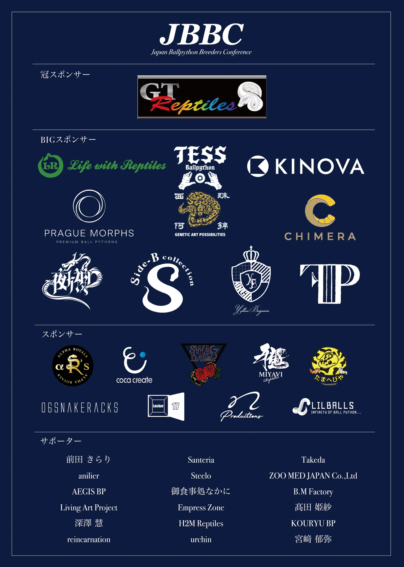 JBBC2026 協賛企業・サポーター一覧。冠スポンサー: GT Reptiles。BIGスポンサー: Life with Reptiles、TESS Ballpython、KINOVA、PRAGUE MORPHS、西珠阿錦(GENETIC ART POSSIBILITIES)、CHIMERA、夜叉神、Side-B collection、Yellow Benjamin、Finest Python。スポンサー: ALPHA ROYALS、coca create、SWAG BALLER、MIYAVI Reptiles、たまへびや、06SNAKERACKS、Locker 17、Productions、LILBALLS。サポーター: 前田 きらり、anilier、AEGIS BP、Living Art Project、深澤 慧、reincarnation、Santeria、Steelo、御食事処なかに、Empress Zone、H2M Reptiles、urchin、Takeda、ZOO MED JAPAN Co.,Ltd、B.M Factory、髙田 姫紗、KOURYU BP、宮﨑 郁弥